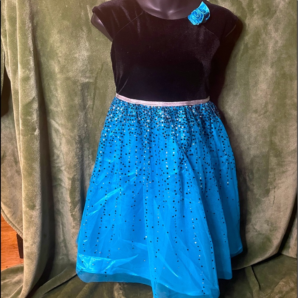 Velveteen and blue sparkly dress.